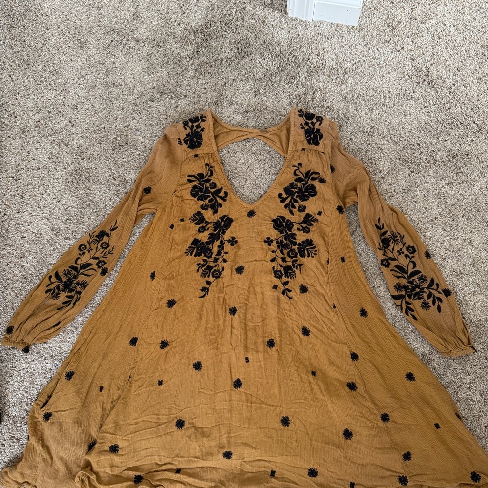 Free People Mustard Dress with Black Floral Embroidery